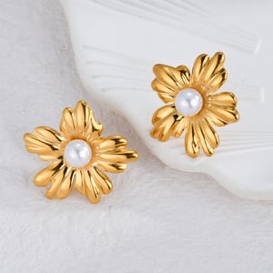 1 Pair Romantic Retro Style Flower Shape Stainless Steel  Gold Color Inlay Artificial Pearl Women's Stud Earrings h5 